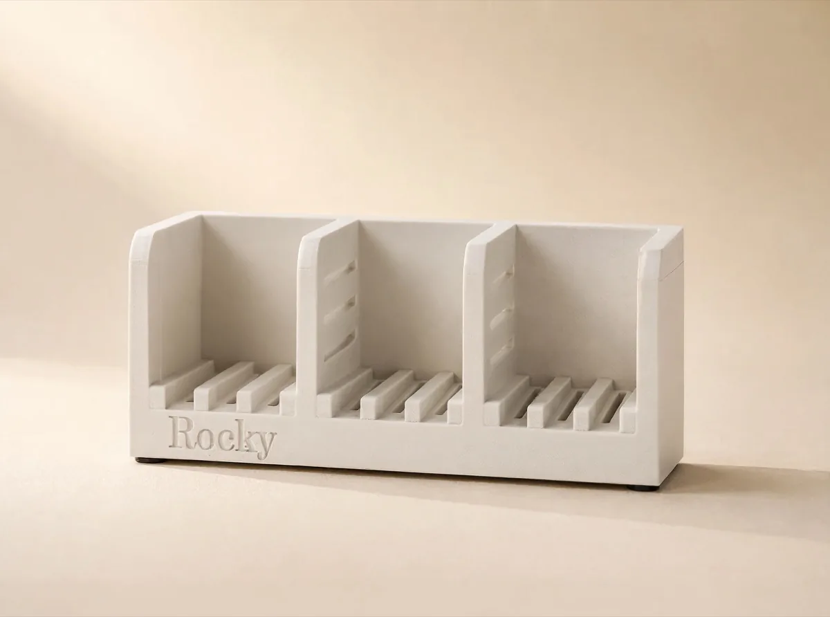 The Rocky shower shelf MC3D manufactures for Rocky Mountain Soap Co. — a white three-bay 3D-printed shelf with 'Rocky' embossed on the front